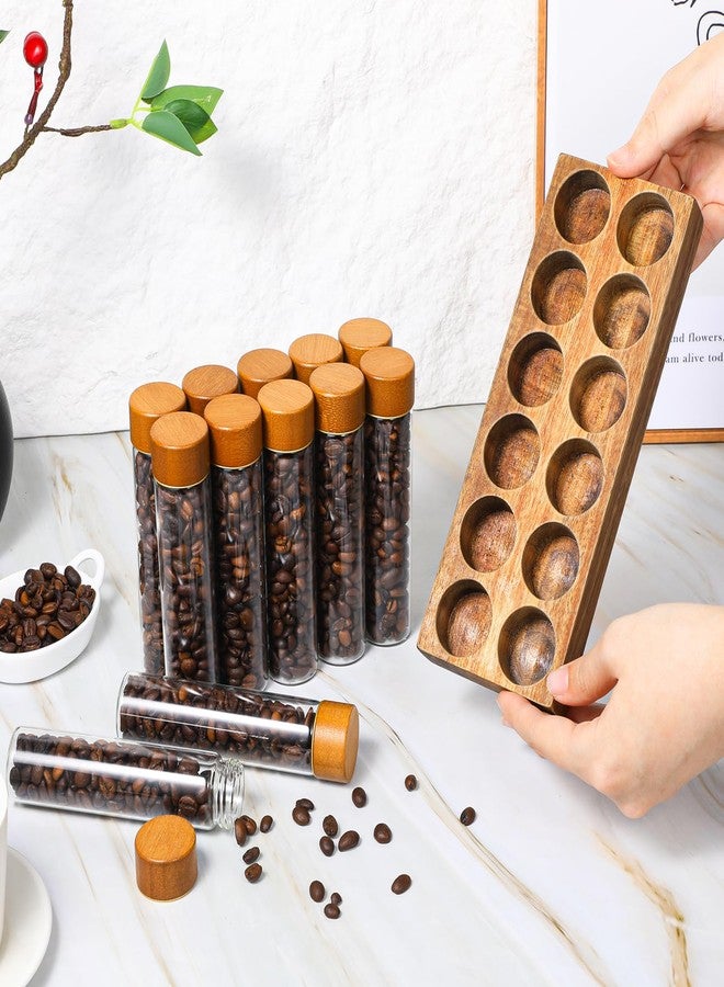 Exclaith 12 Pack Single Dose Coffee Bean Storage Tubes with Wooden Stand, Coffee Bean Cellar Container with Walnut Solid Wood Base, Espresso Beans Canisters Set (2 OZ) - Image 2